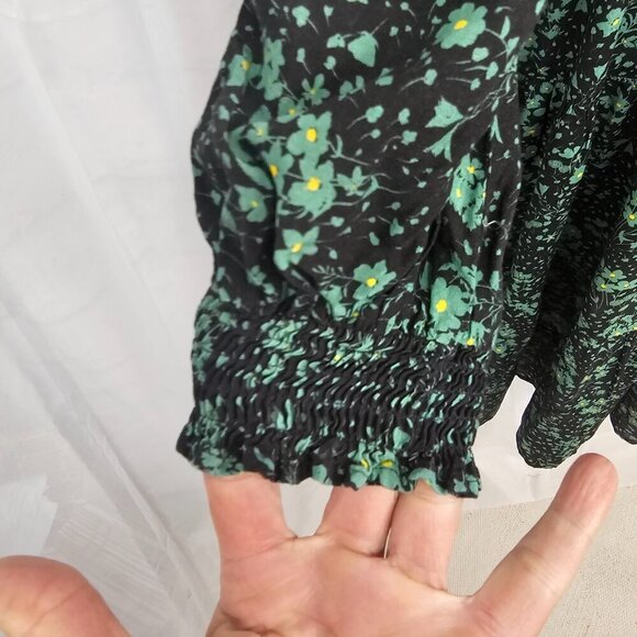 Zara Green Black Floral Peasant Dress Boho Midi S - Picture 3 of 9